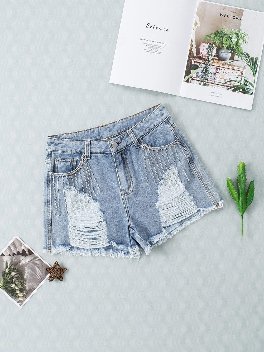 Blue Jean Shorts with Rhinestone Fringe