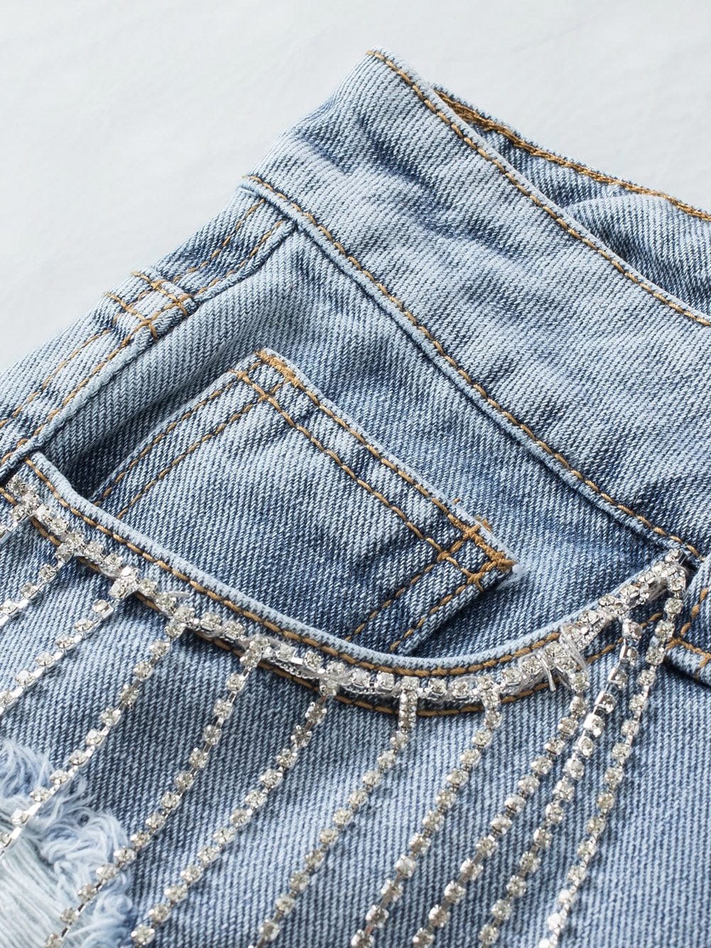 Blue Jean Shorts with Rhinestone Fringe