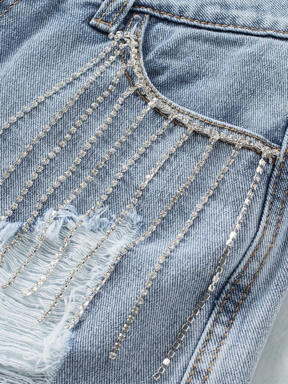 Blue Jean Shorts with Rhinestone Fringe
