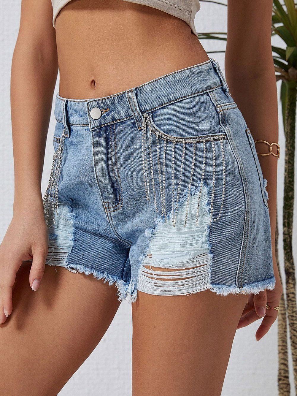 Beach Denim Shorts with Sparkling Rhinestones