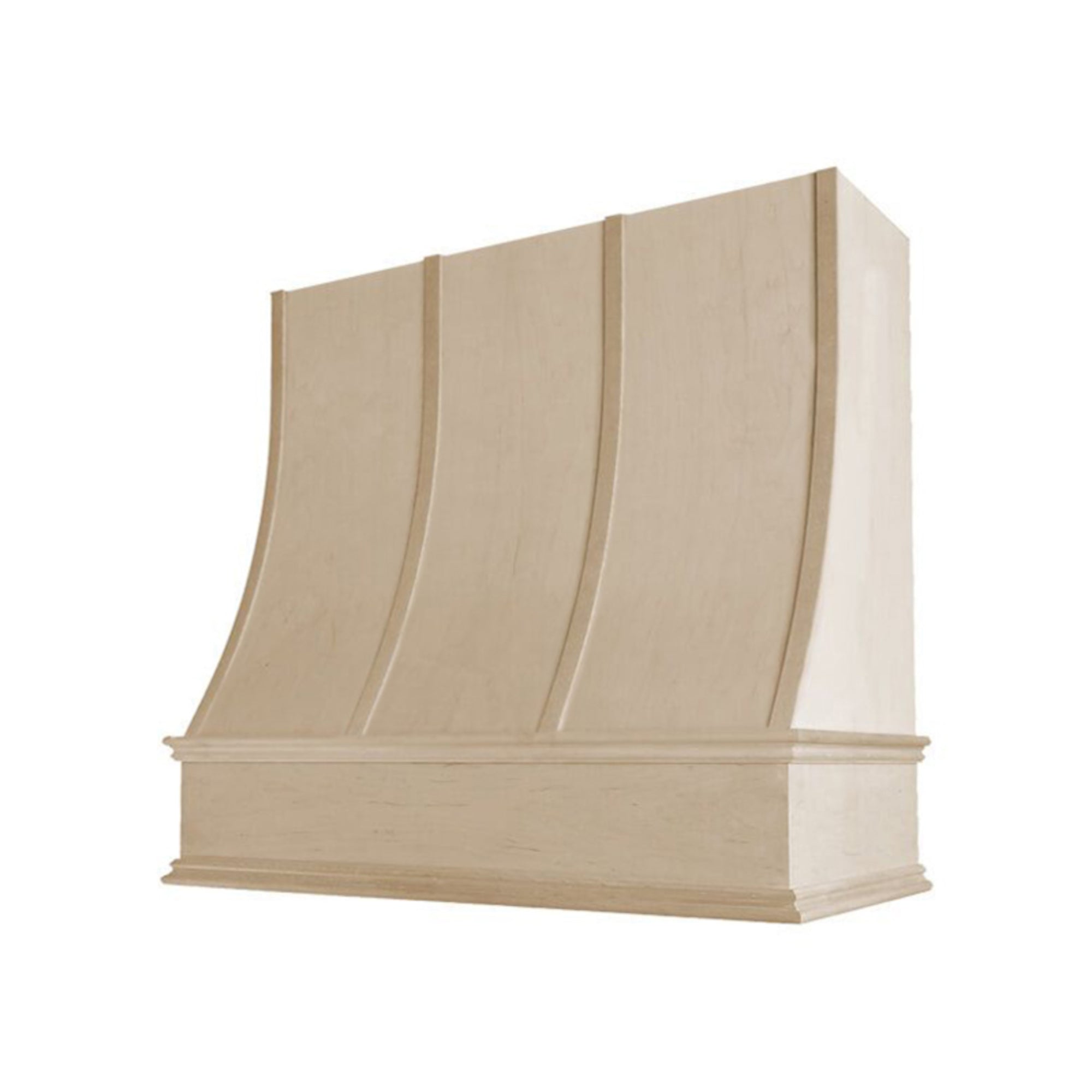 Campana extractora de madera sin terminar con frente inclinado con tiras y moldura decorativa: anchos disponibles de 30", 36", 42", 48", 54" y 60"