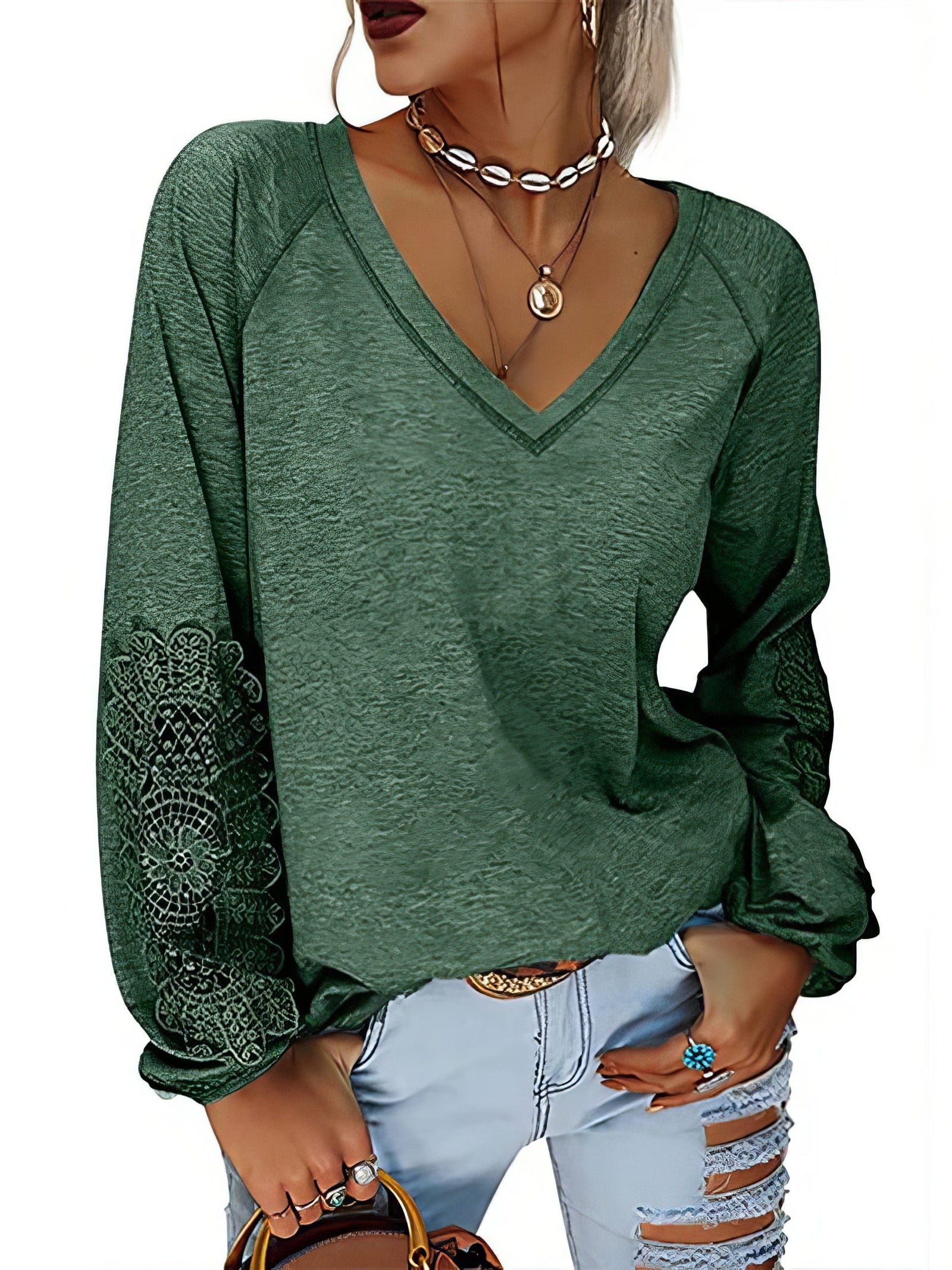 Everyday V-Neck T-Shirt with Crochet Sleeves