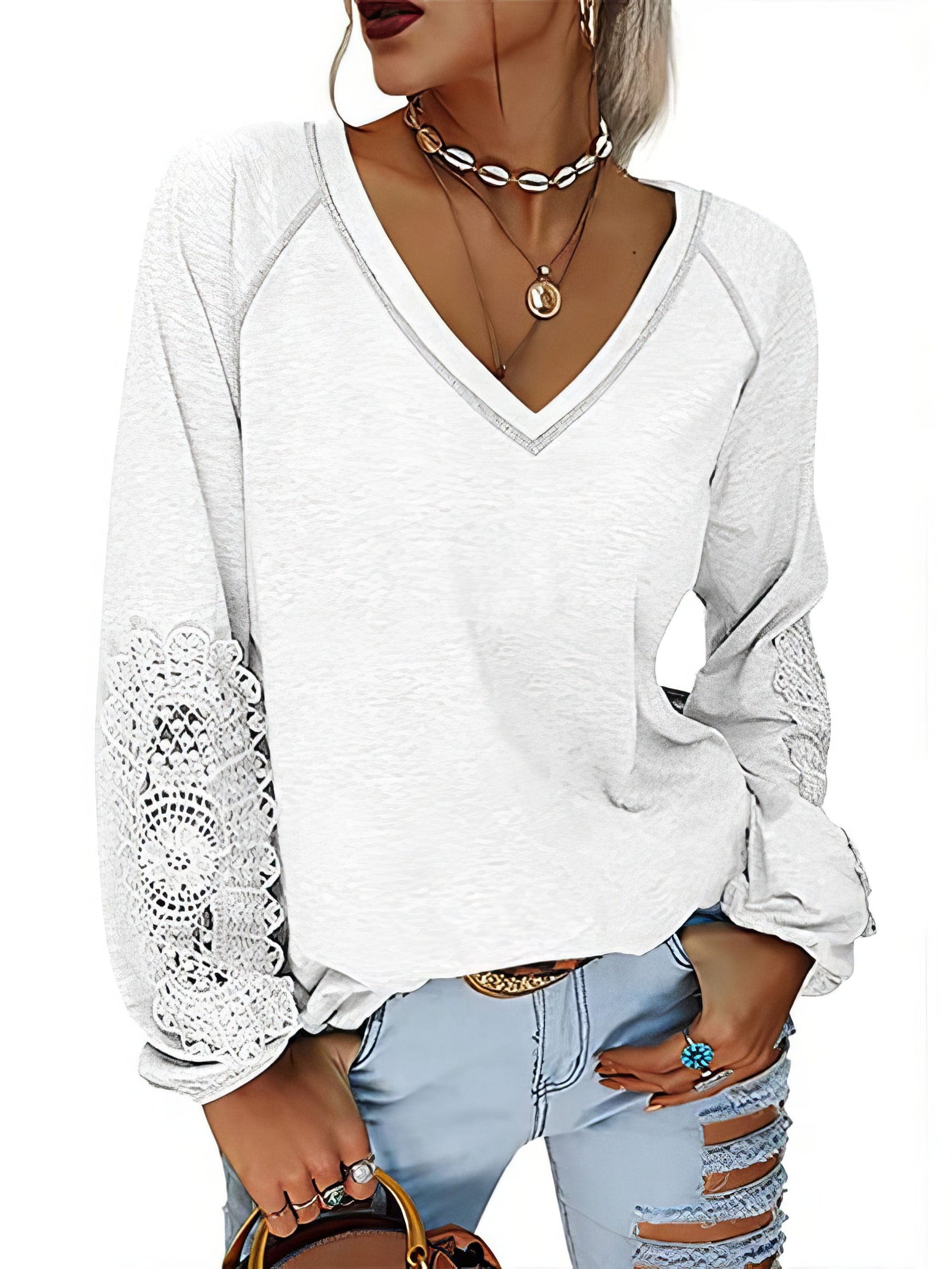 Everyday V-Neck T-Shirt with Crochet Sleeves