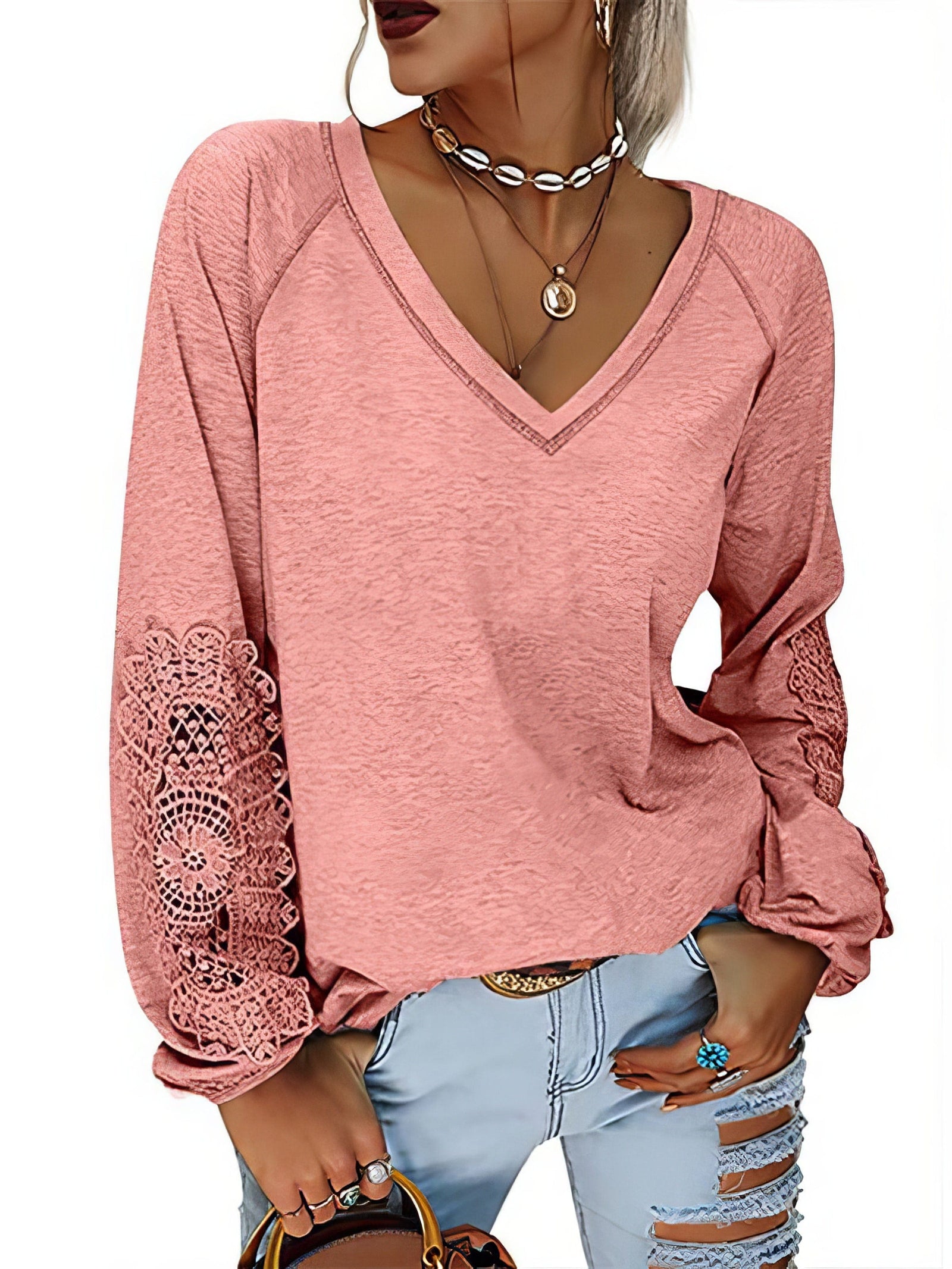 Everyday V-Neck T-Shirt with Crochet Sleeves