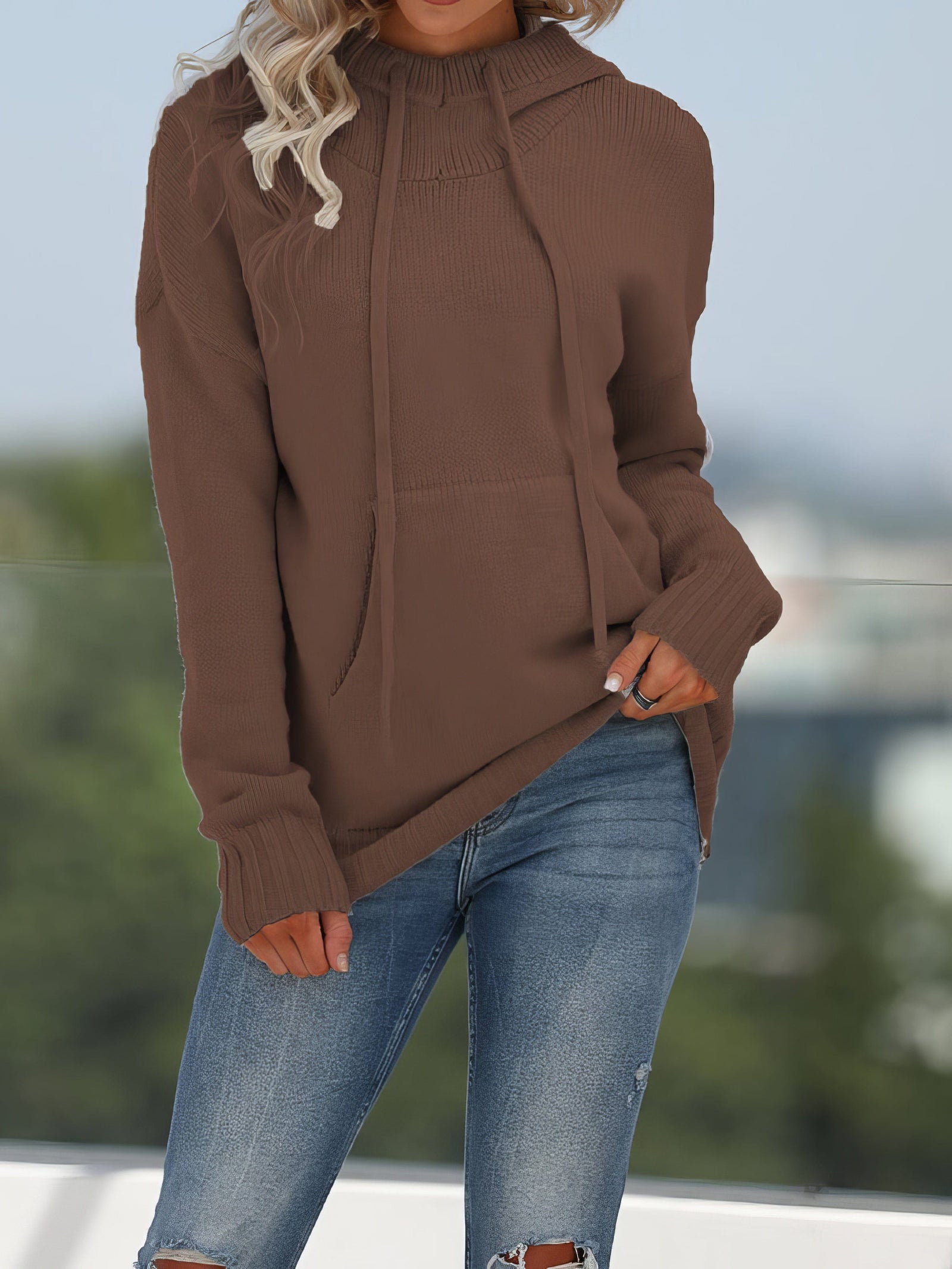Drawstring Hood Knit Sweater
