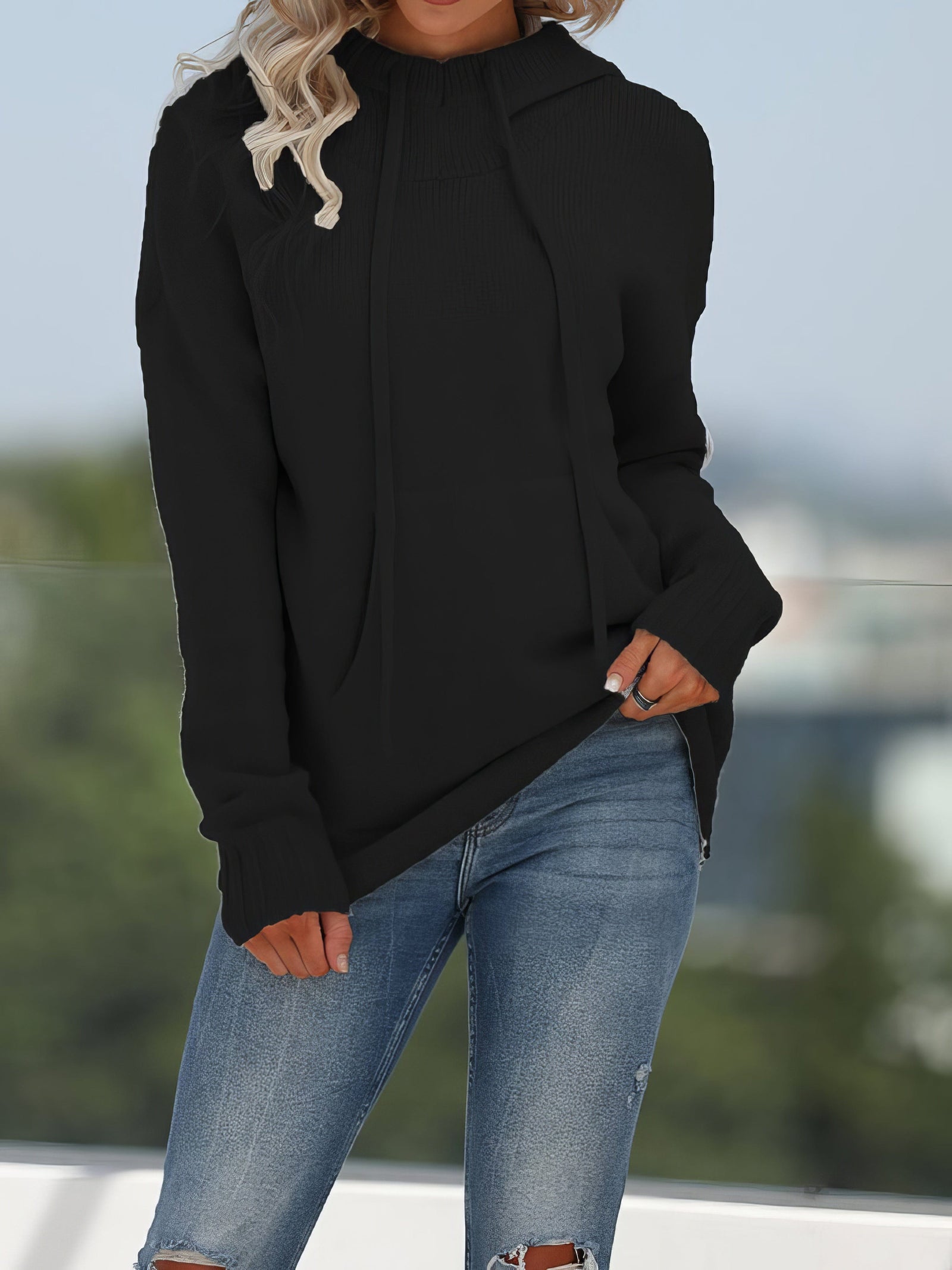 Drawstring Hood Knit Sweater