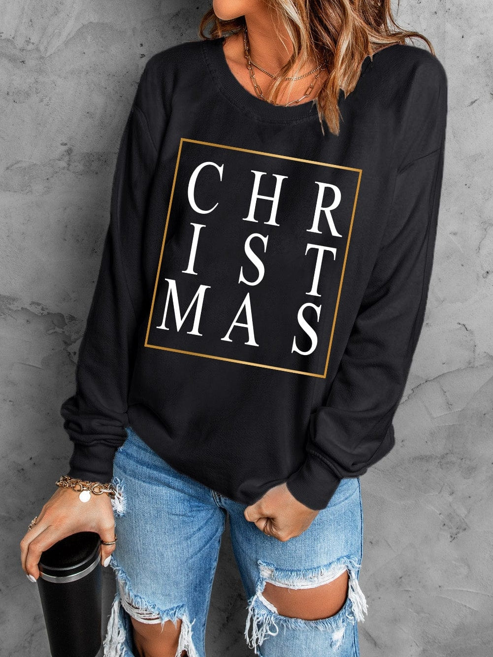 Sparkling Black Christmas Letter Print Sweater