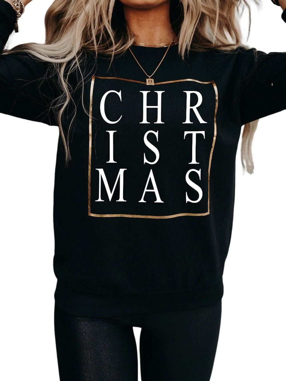 Sparkling Black Christmas Letter Print Sweater