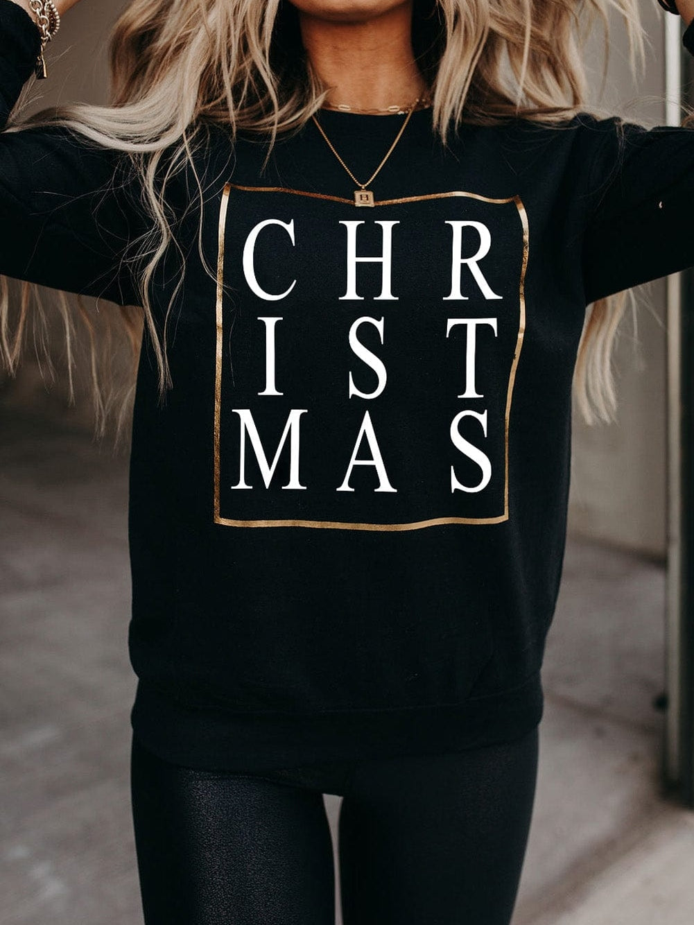 Sparkling Black Christmas Letter Print Sweater