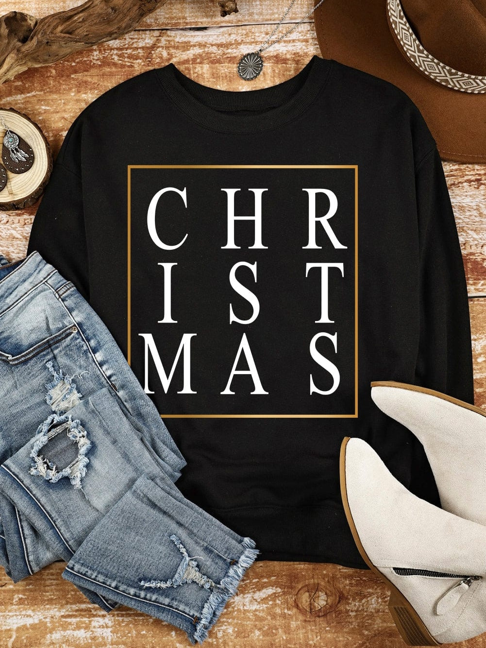 Sparkling Black Christmas Letter Print Sweater