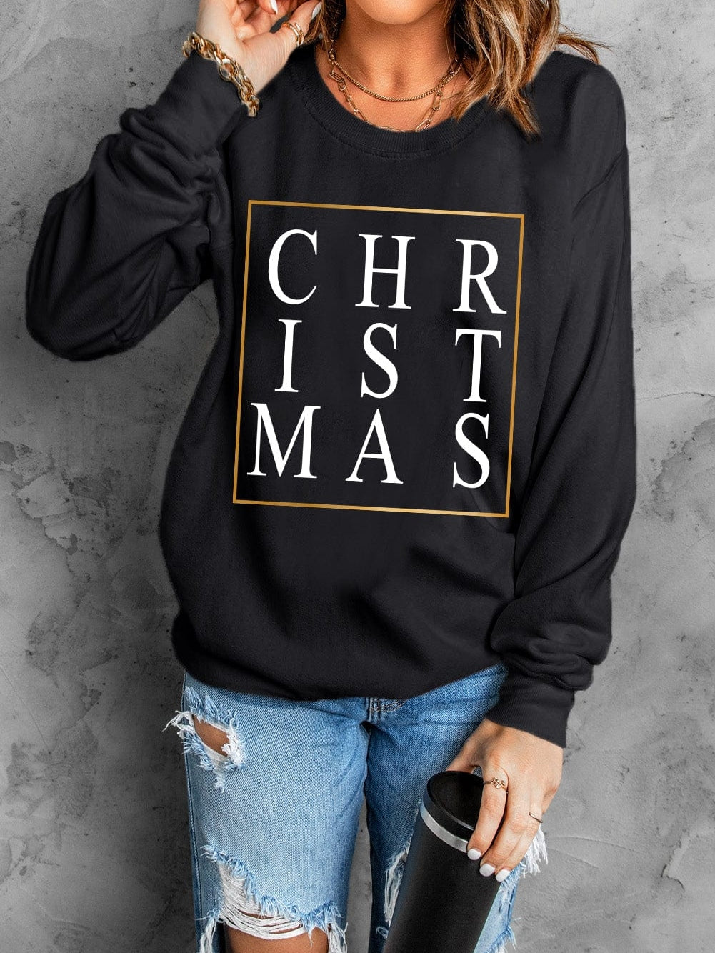 Sparkling Black Christmas Letter Print Sweater