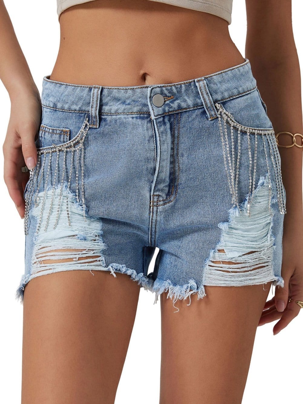 Blue Jean Shorts with Rhinestone Fringe