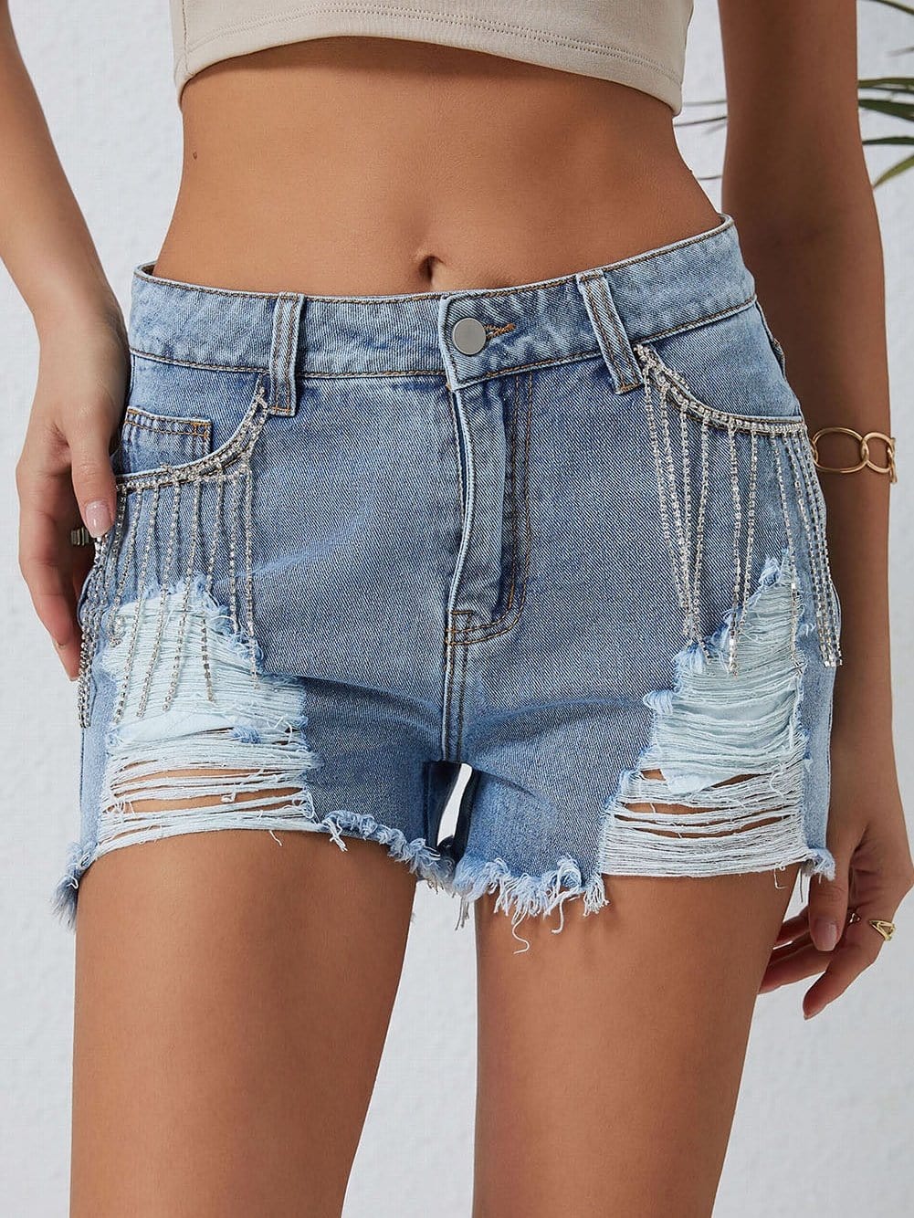 Beach Denim Shorts with Sparkling Rhinestones