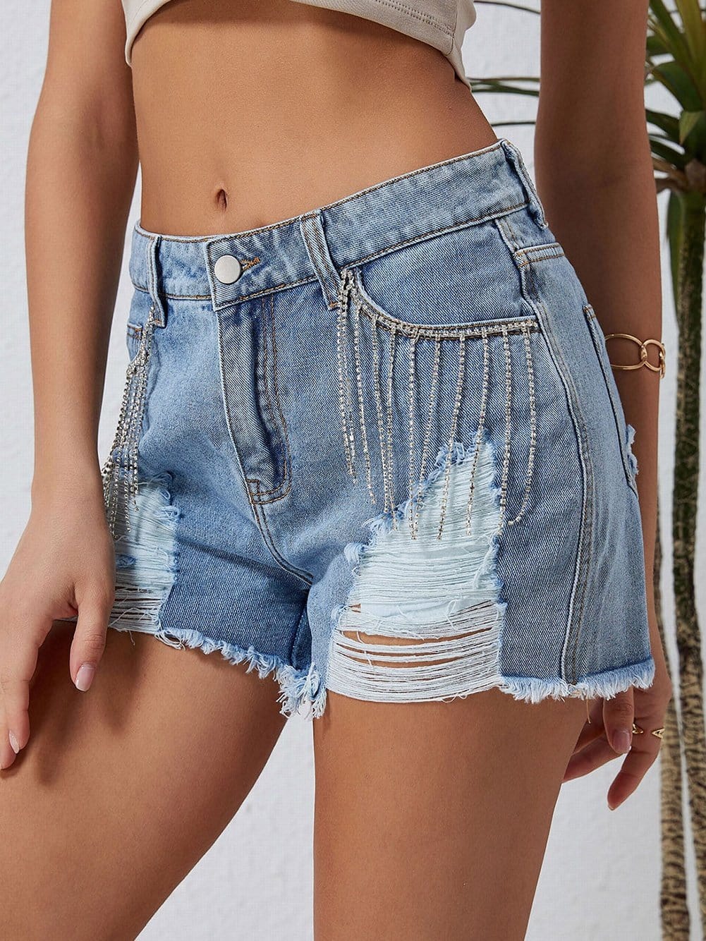 Blue Jean Shorts with Rhinestone Fringe