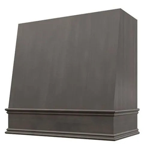 Stained Gray Wood Range Hood With Angled Front and Decorative Trim - 30", 36", 42", 48", 54" and 60" Widths Available