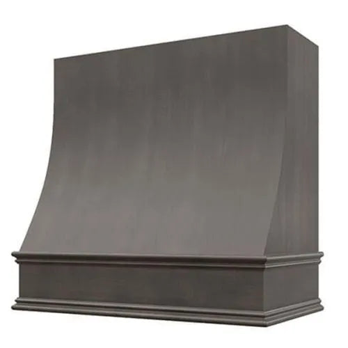 Campana extractora de madera teñida de color gris con frente inclinado y borde decorativo: anchos disponibles de 30", 36", 42", 48", 54" y 60"