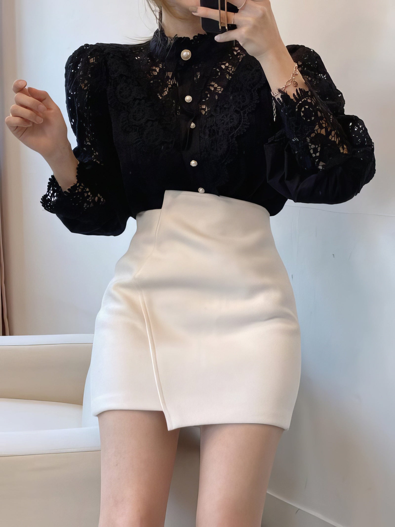 Gorgeous Lace Blouse with Puff Sleeves and Button Detail