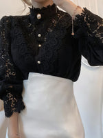 Gorgeous Lace Blouse with Puff Sleeves and Button Detail