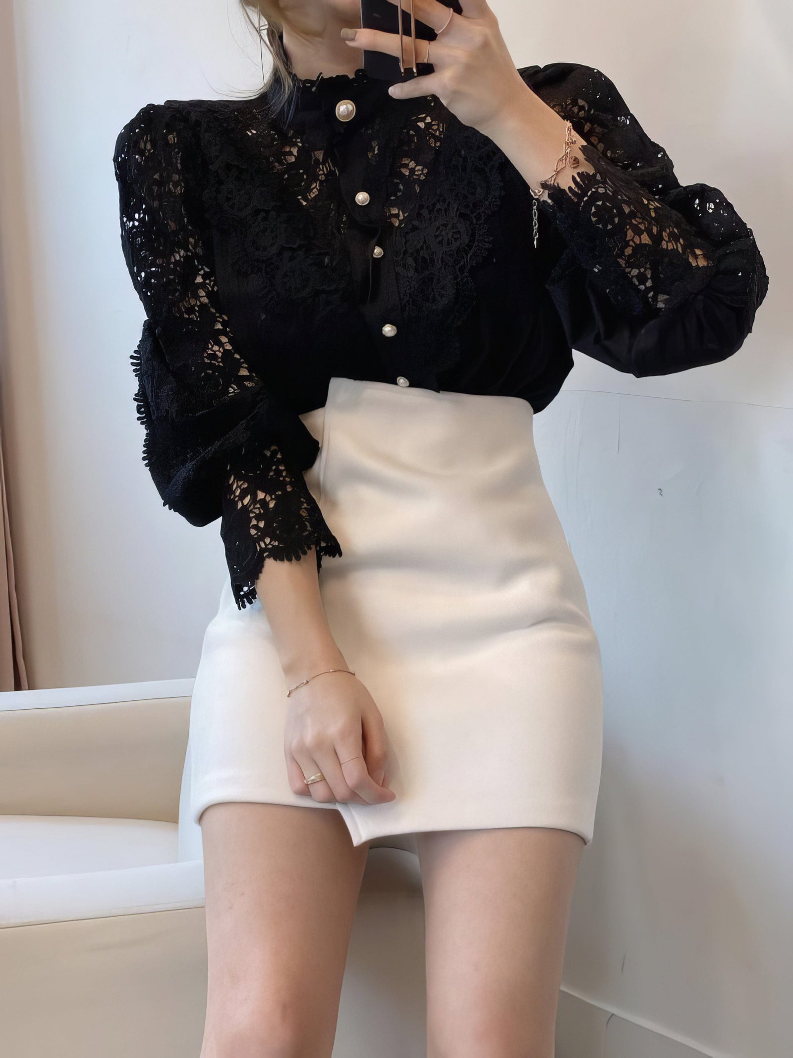 Gorgeous Lace Blouse with Puff Sleeves and Button Detail
