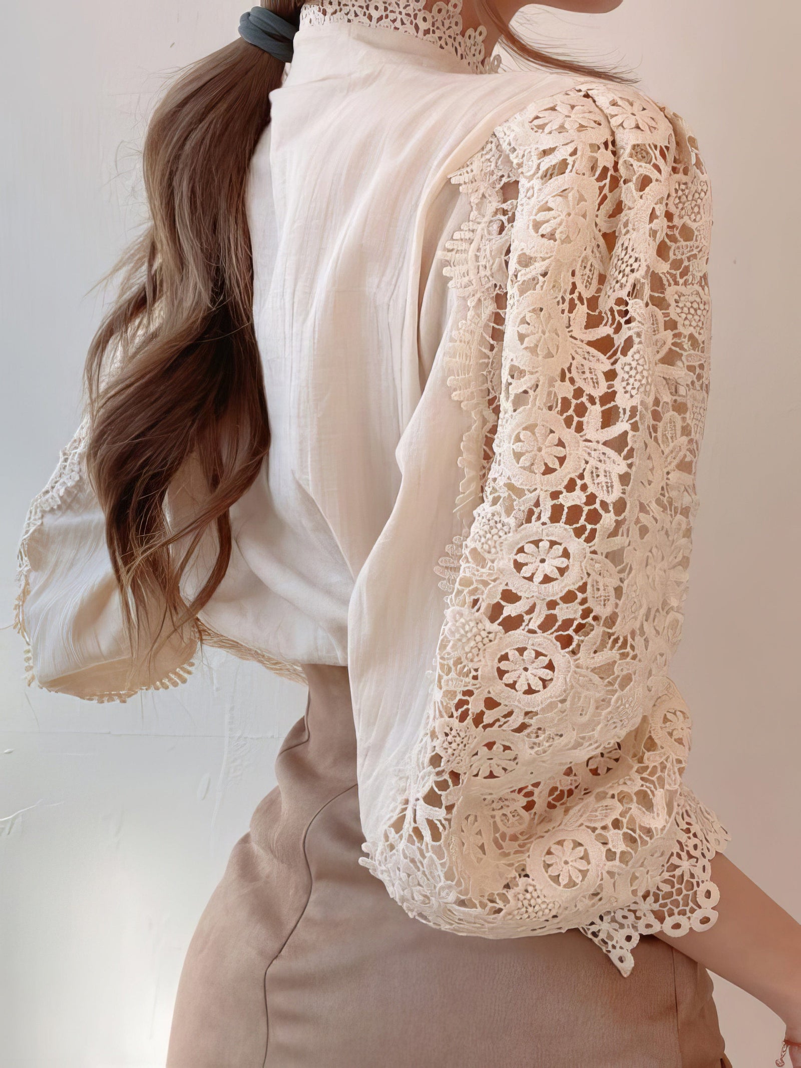 Gorgeous Lace Blouse with Puff Sleeves and Button Detail