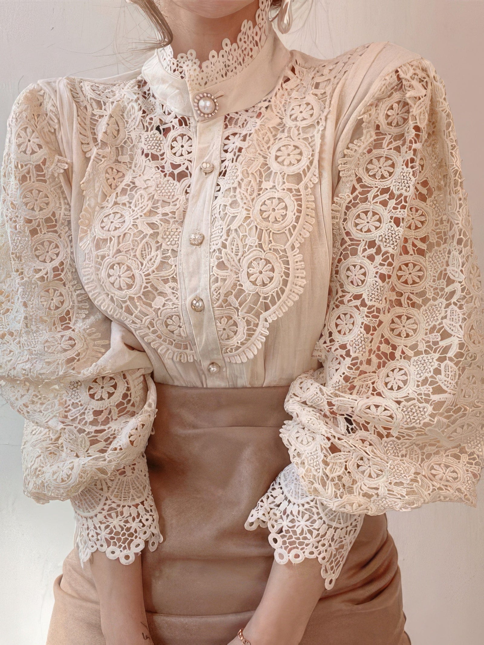 Gorgeous Lace Blouse with Puff Sleeves and Button Detail