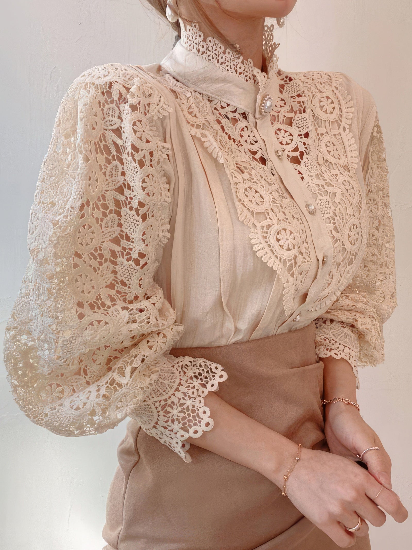 Gorgeous Lace Blouse with Puff Sleeves and Button Detail