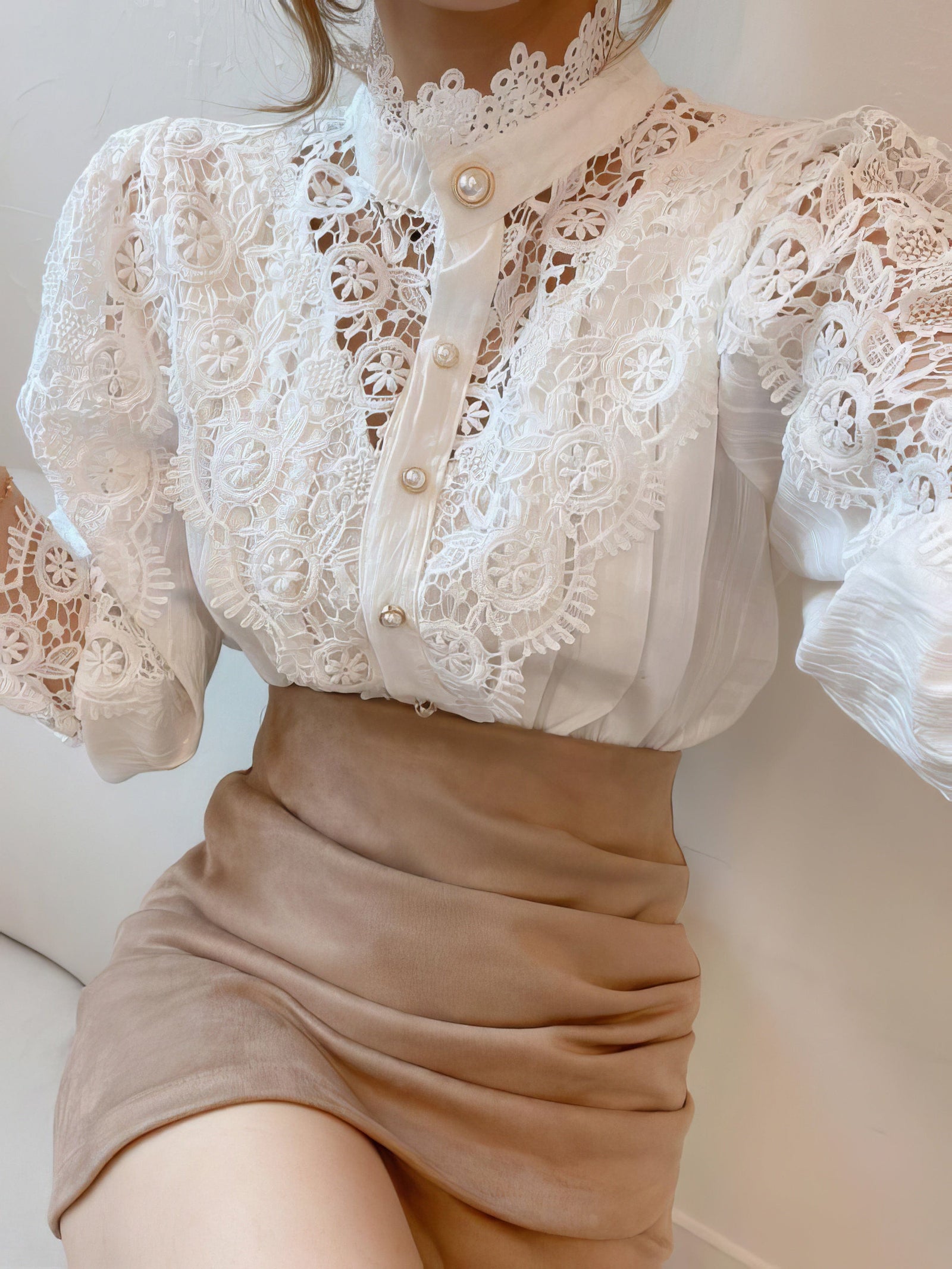 Gorgeous Lace Blouse with Puff Sleeves and Button Detail