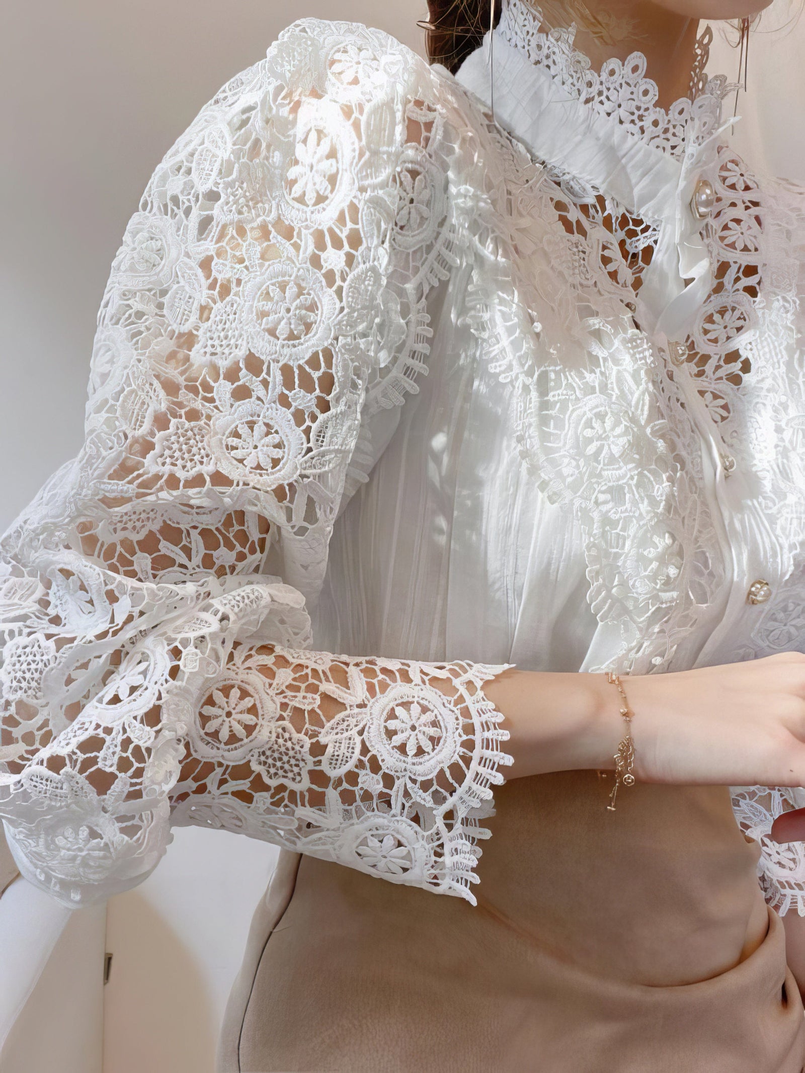 Gorgeous Lace Blouse with Puff Sleeves and Button Detail