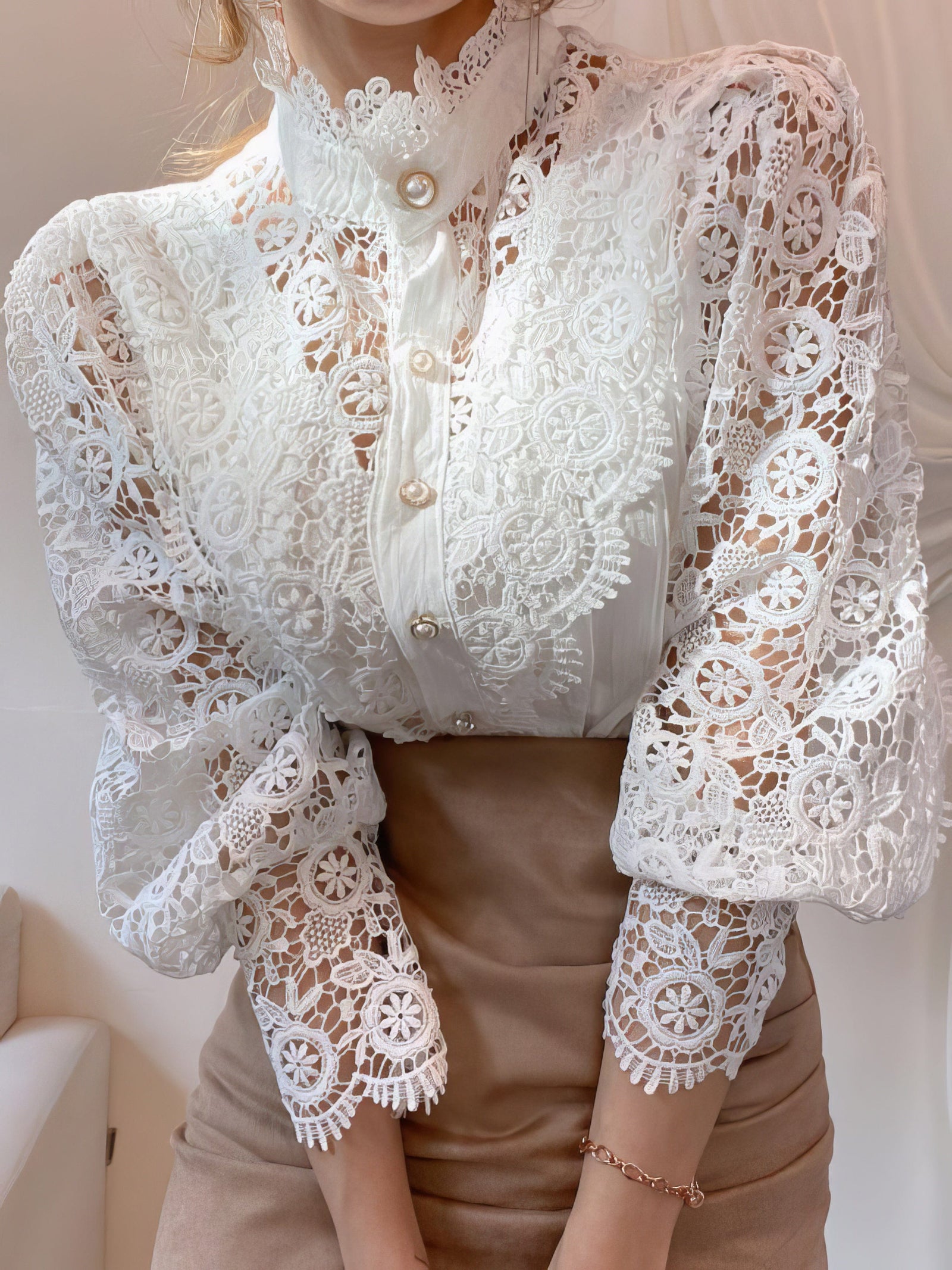 Gorgeous Lace Blouse with Puff Sleeves and Button Detail