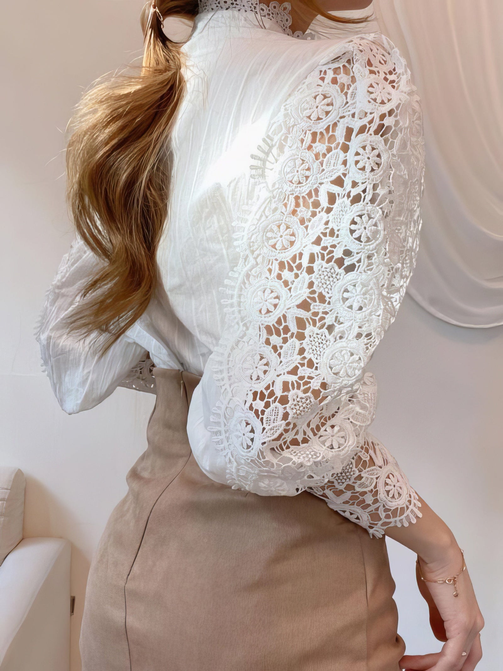 Gorgeous Lace Blouse with Puff Sleeves and Button Detail