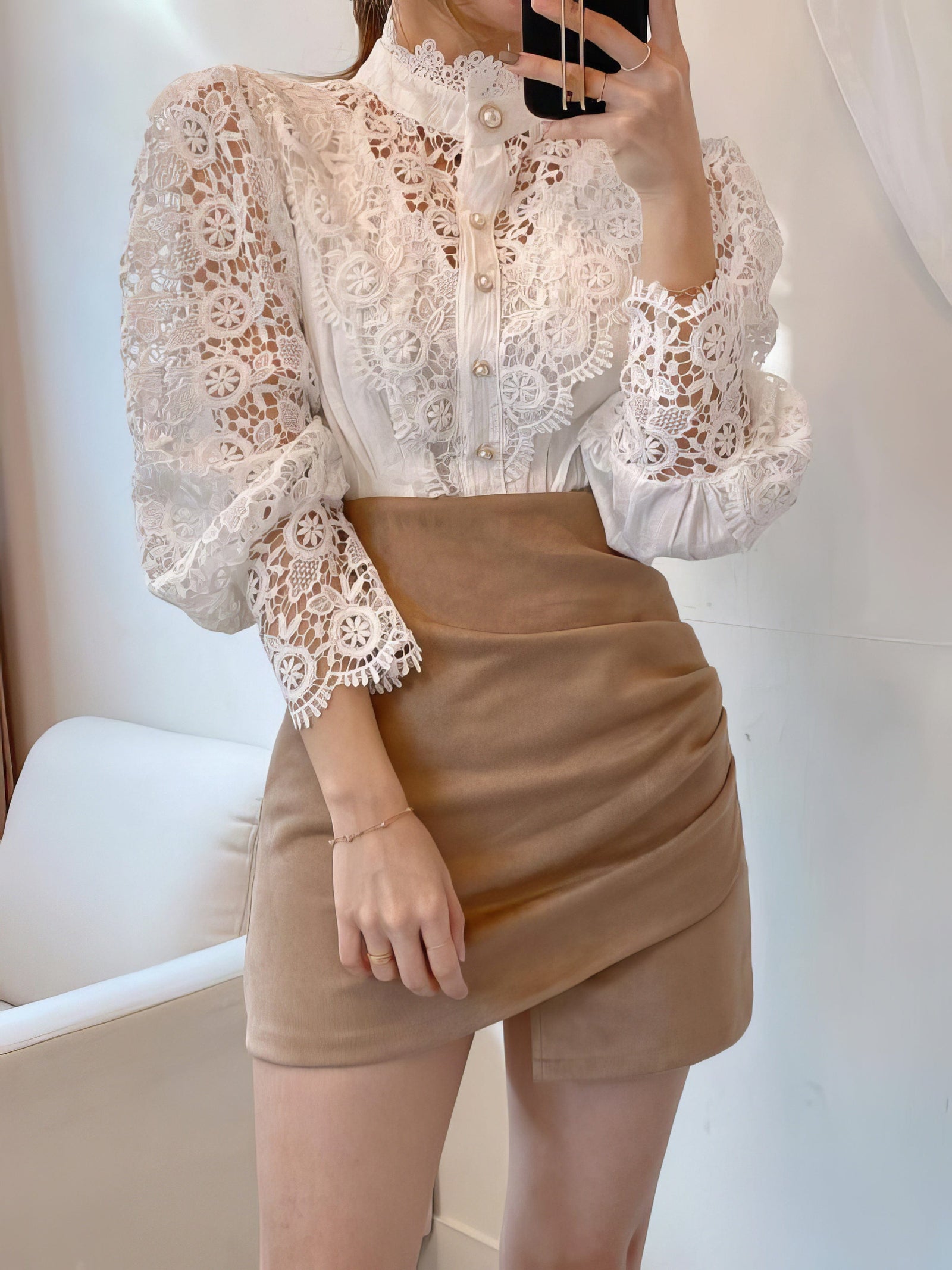 Gorgeous Lace Blouse with Puff Sleeves and Button Detail