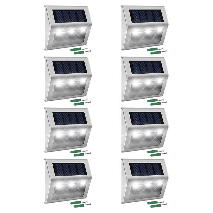 Luces LED solares para escalones de acero inoxidable | Encendido y apagado automático desde el anochecer hasta el amanecer | (Modelo 2024) 