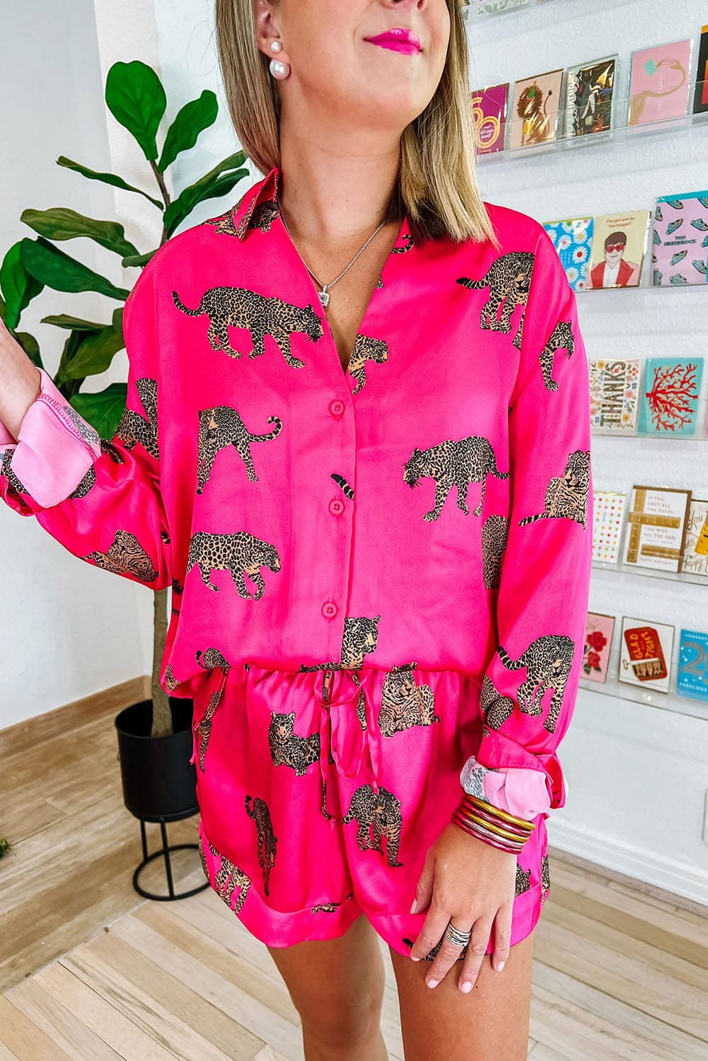 Satin Pajama Set with Cheetah Print