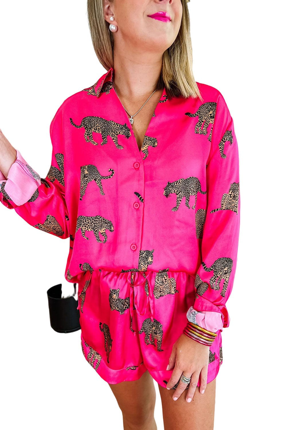 Satin Cheetah Print Shorts and Shirt Set