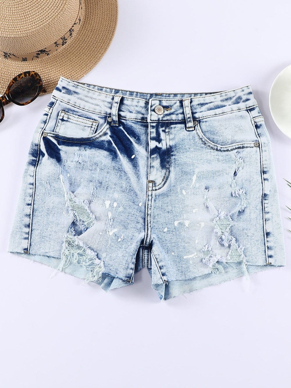 Summer Sky Blue Splatter Denim Shorts