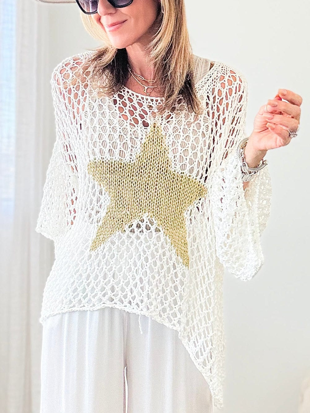 White Crochet Knit Pullover with Star