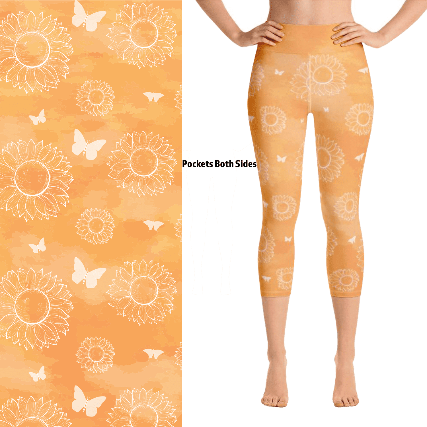 Sunny Bloom Capri Leggings with Pockets Sunflower & Butterfly Print