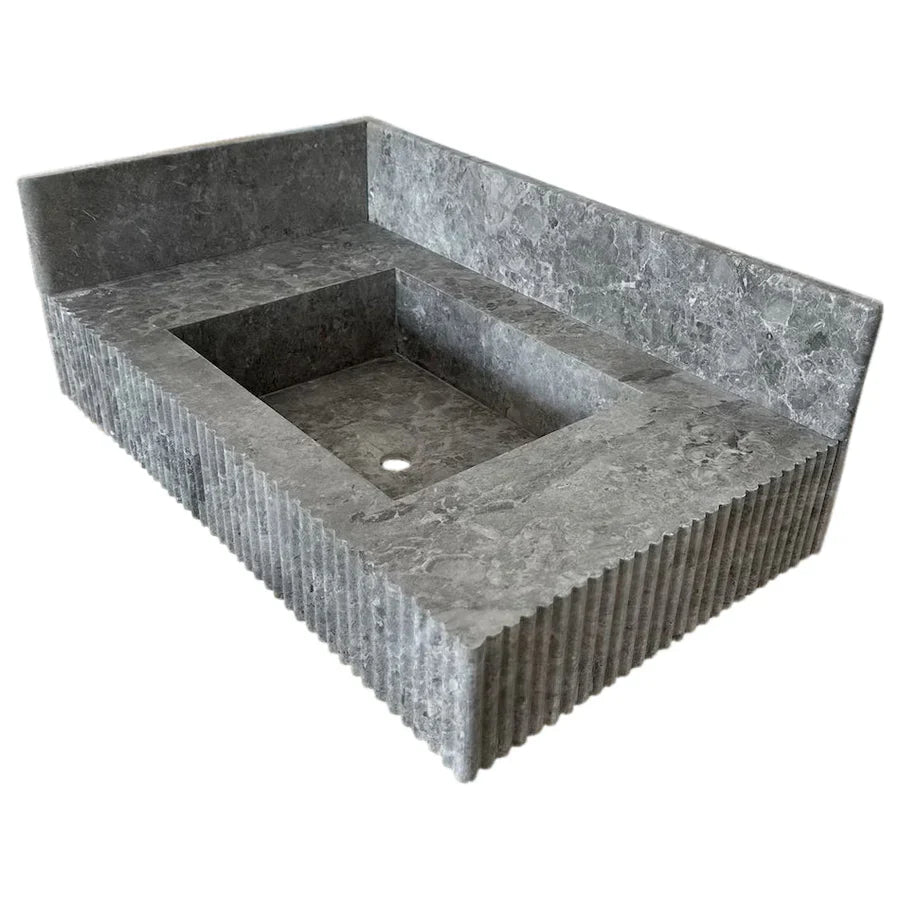 Lavabo de baño rectangular de mármol gris Tundra para montaje en pared con protector contra salpicaduras de 6