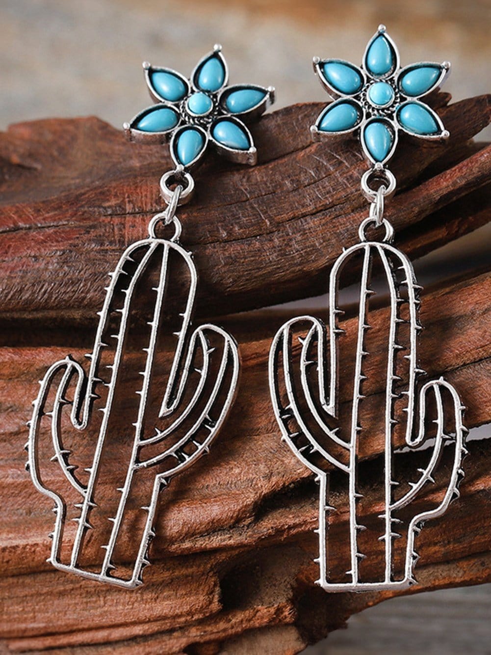 Turquoise Flower and Cactus Western Dangle Earrings