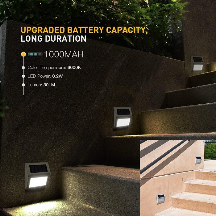 Luces LED solares para escalones de acero inoxidable | Encendido y apagado automático desde el anochecer hasta el amanecer | (Modelo 2024) 