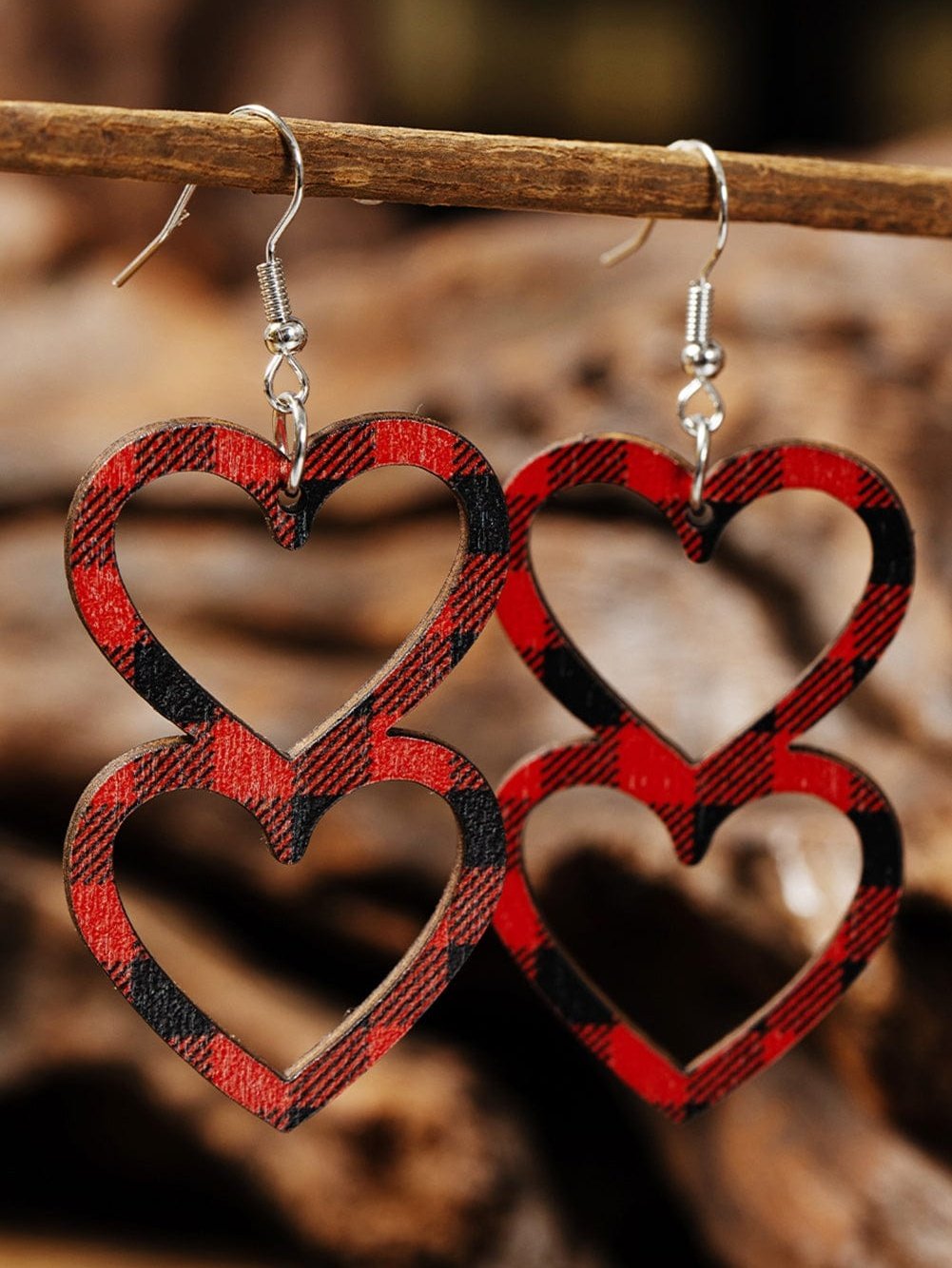 Valentine's Day Plaid Fiery Red Wooden Heart Earrings