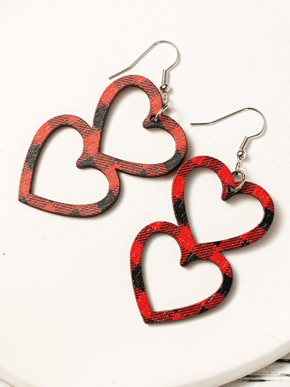Valentine's Day Plaid Fiery Red Wooden Heart Earrings