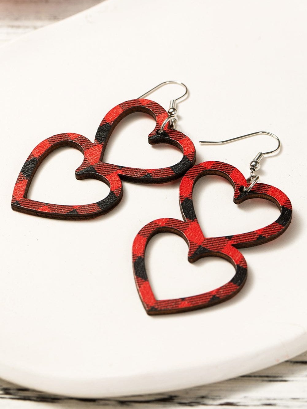 Valentine's Day Plaid Fiery Red Wooden Heart Earrings