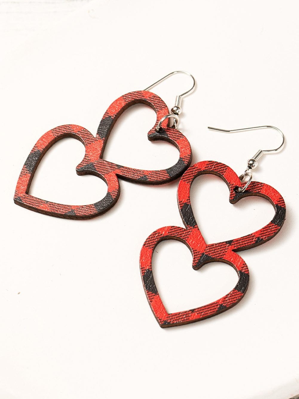 Valentine's Day Plaid Fiery Red Wooden Heart Earrings
