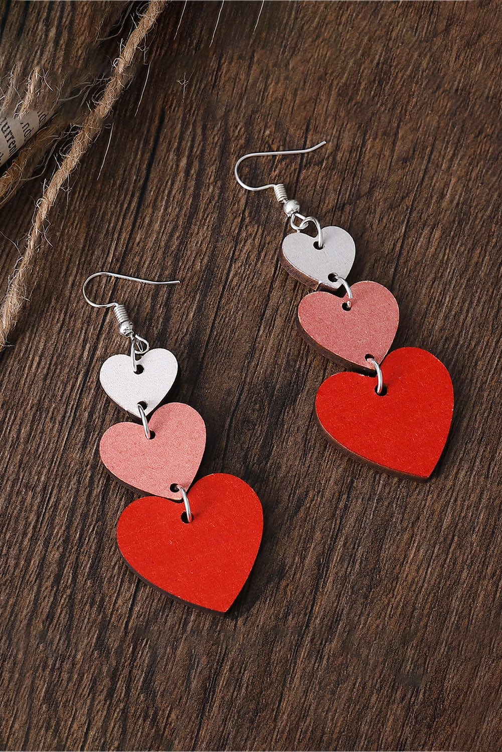 Valentine's Day Red Heart Shaped Wooden Tiered Drop Earrings