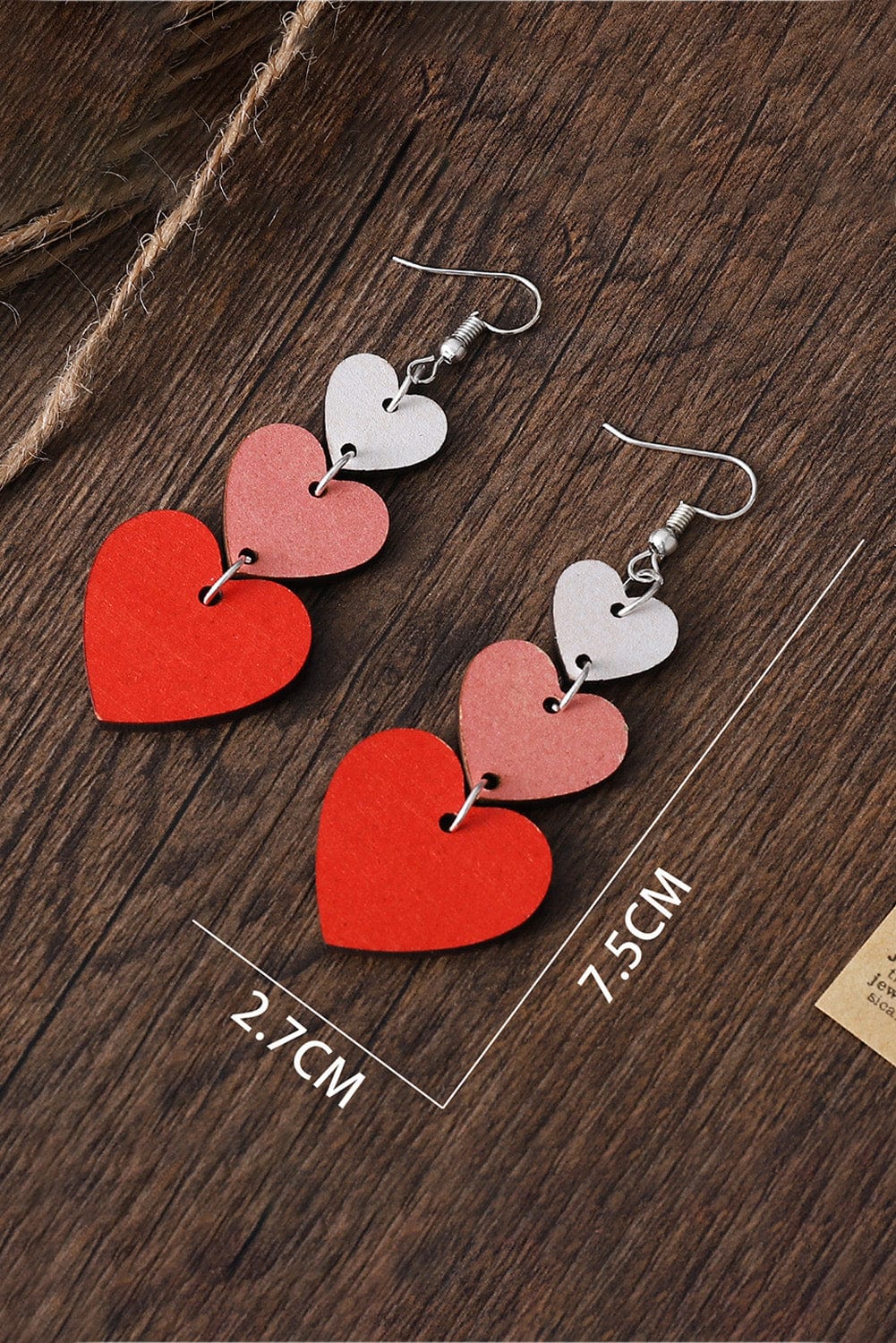 Valentine's Day Red Heart Shaped Wooden Tiered Drop Earrings