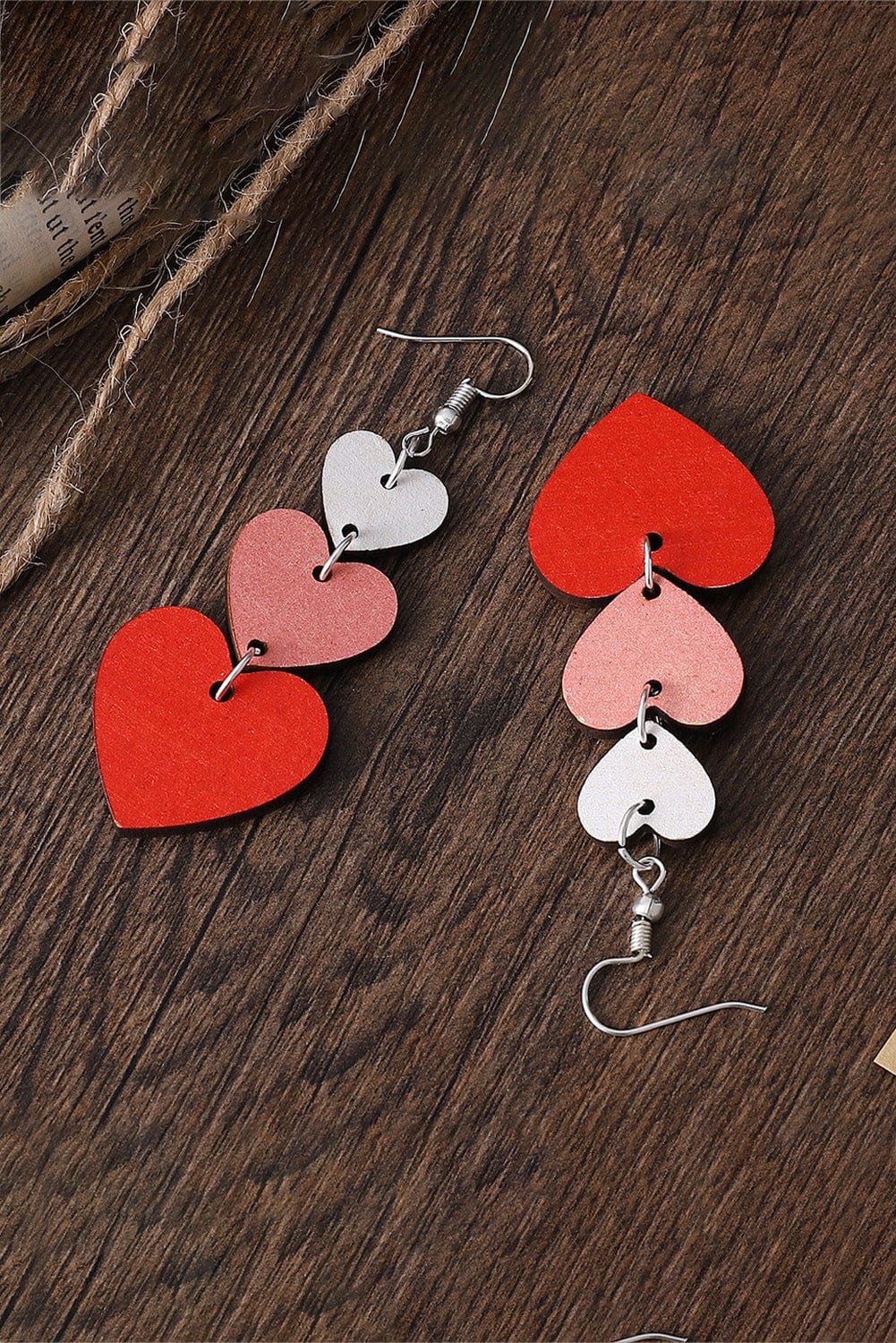 Valentine's Day Red Heart Shaped Wooden Tiered Drop Earrings