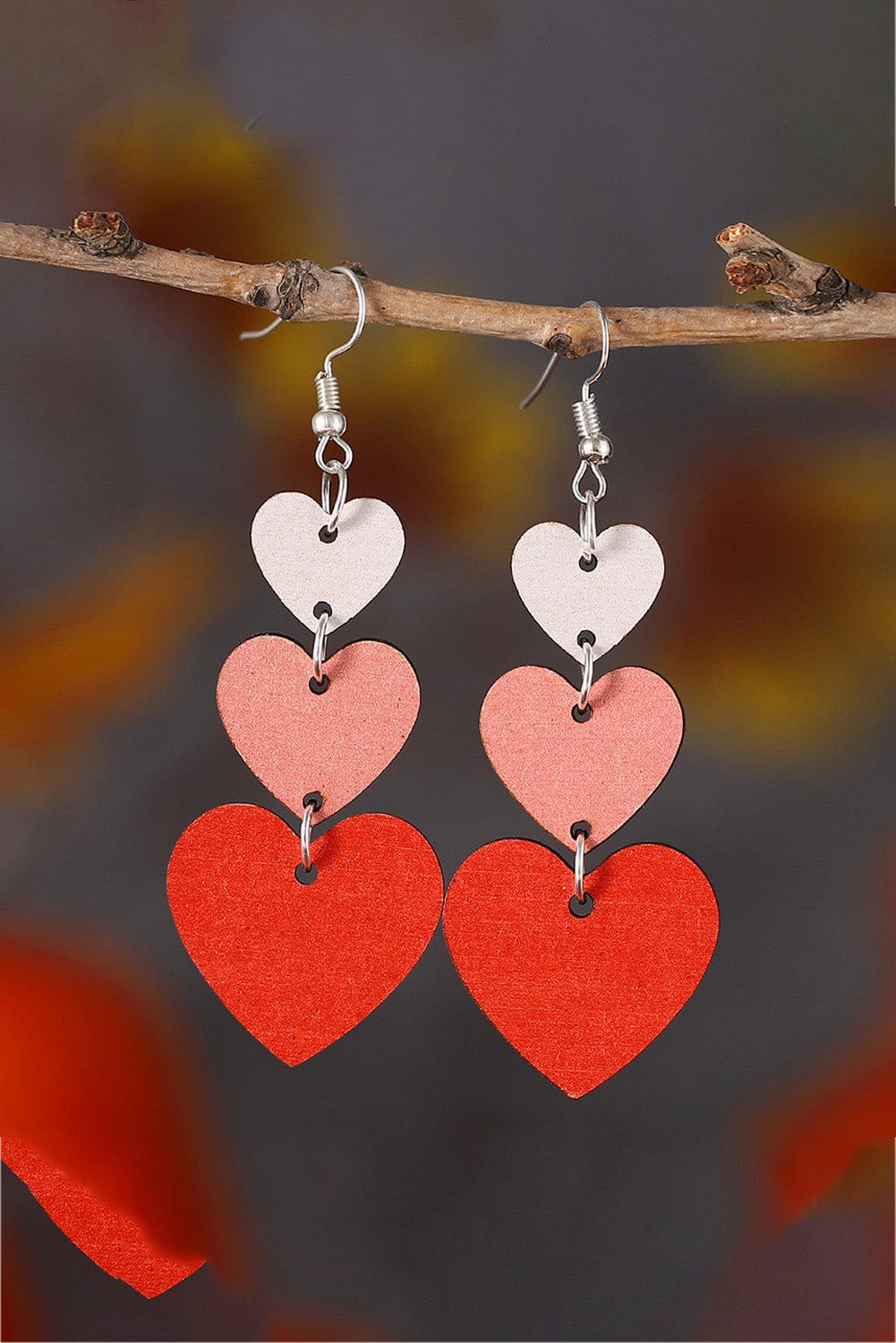 Valentine's Day Red Heart Shaped Wooden Tiered Drop Earrings