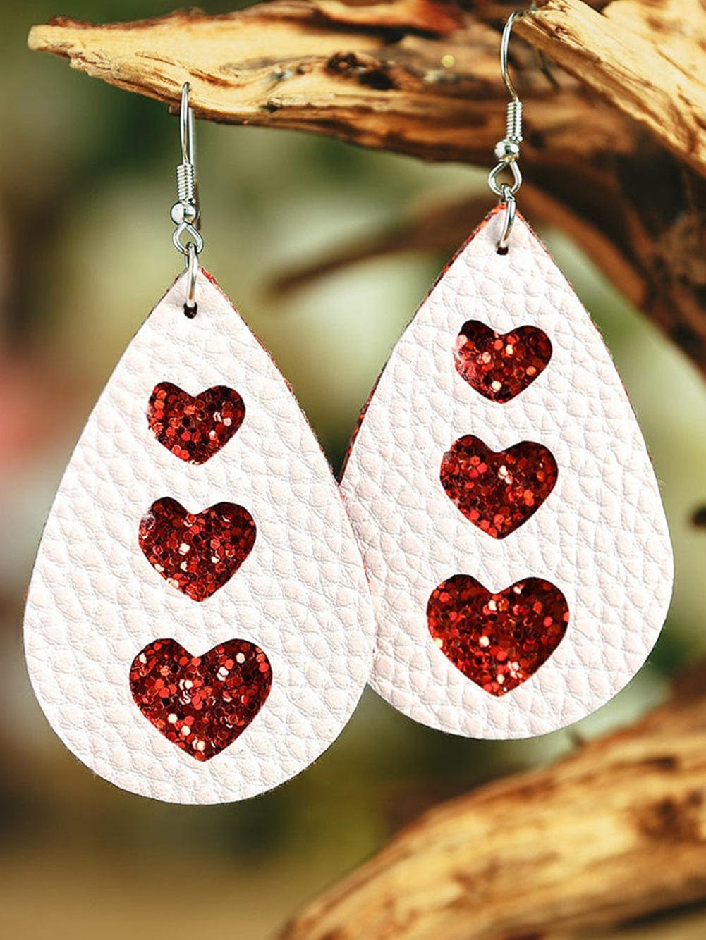 Valentine's Day White Heart Print Leather Teardrop Earrings