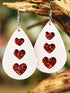 Valentine's Day White Heart Print Leather Teardrop Earrings